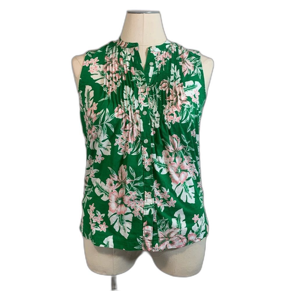 Lands’ End Pleated Front Floral Sleeveless Button Up Casual Top Womens S